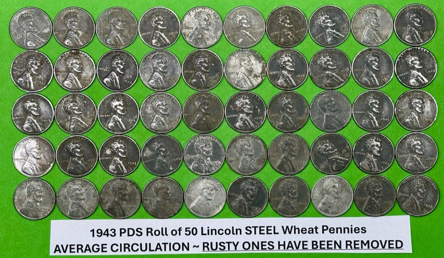 1943 STEEL LINCOLN WHEAT CENT PENNY LOT ROLL of 50 coins NO RUSTY STEEL PENNIES