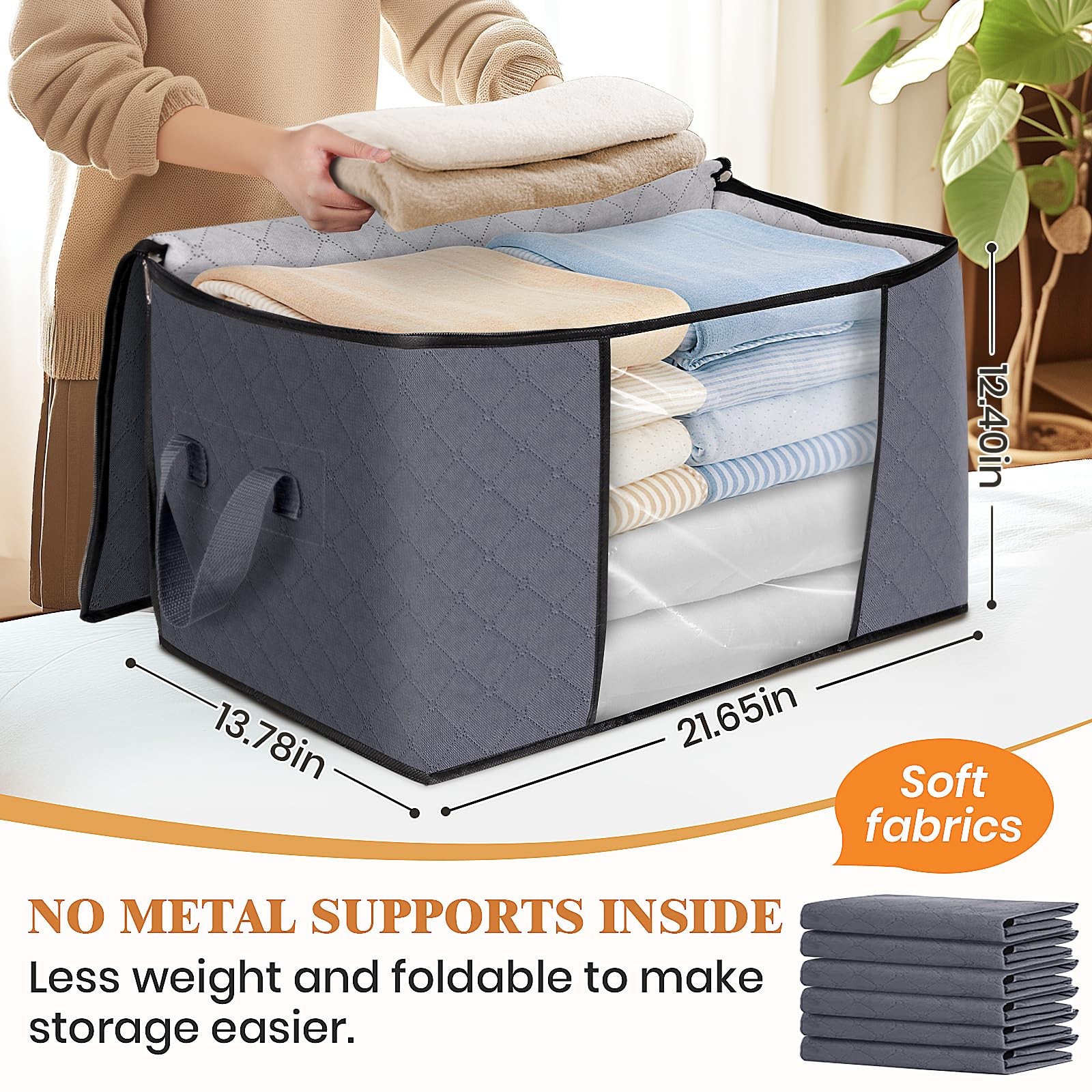 6 Pack Grey Clothes Storage Bags, Foldable Fabric, Handle, Closet Organizer