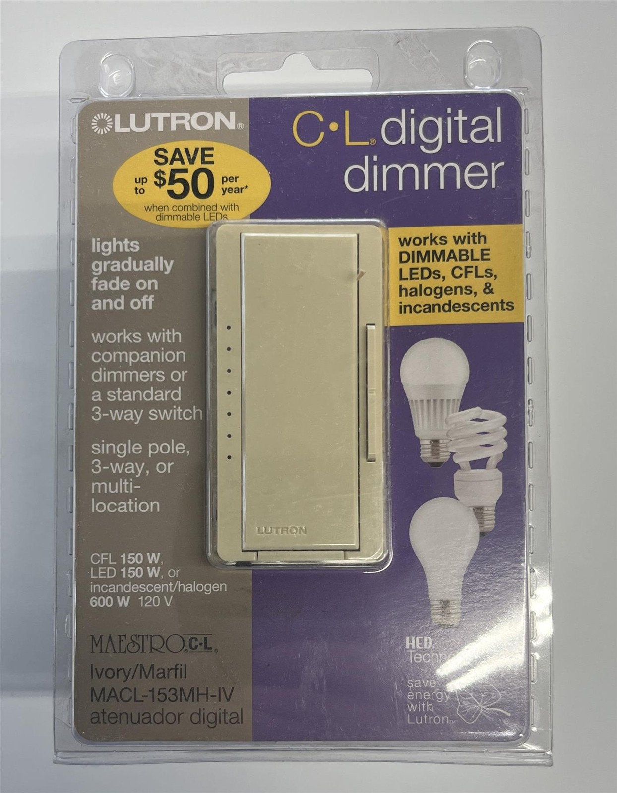 Lutron MACL-153MH-IV Maestro DIGITAL DIMMER SWITCH Ivory