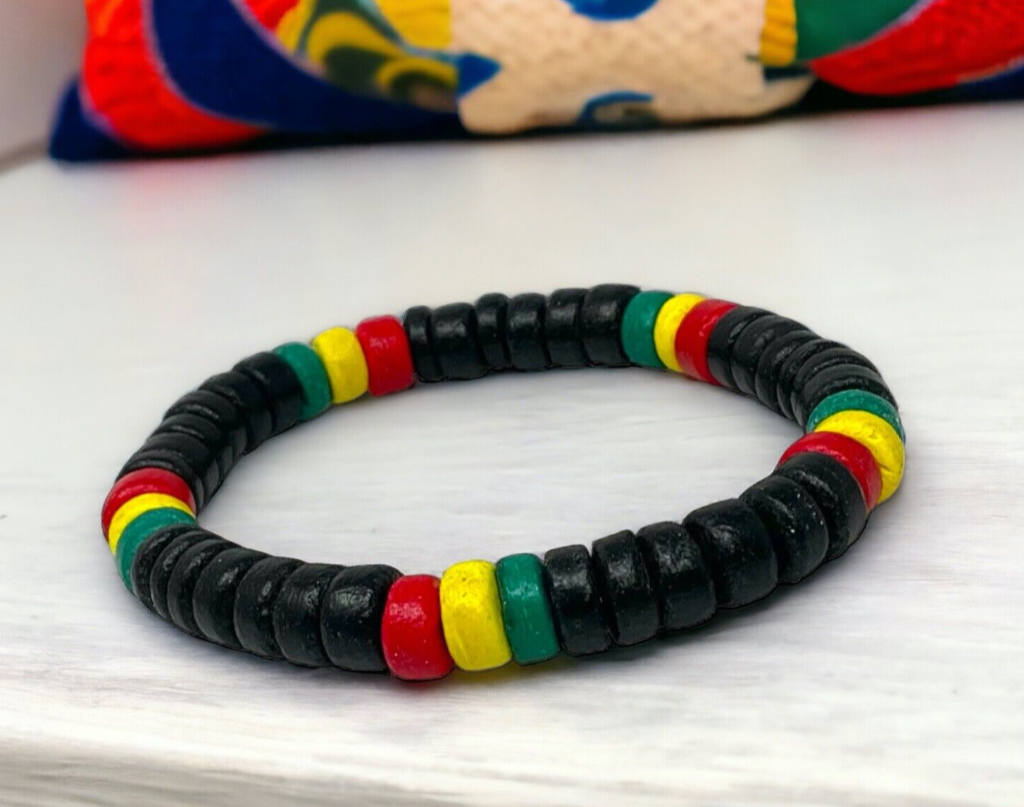 Rasta-Inspired Thick Coconut Shell Bracelet 7” – Handcrafted, Eco-Friendly Black