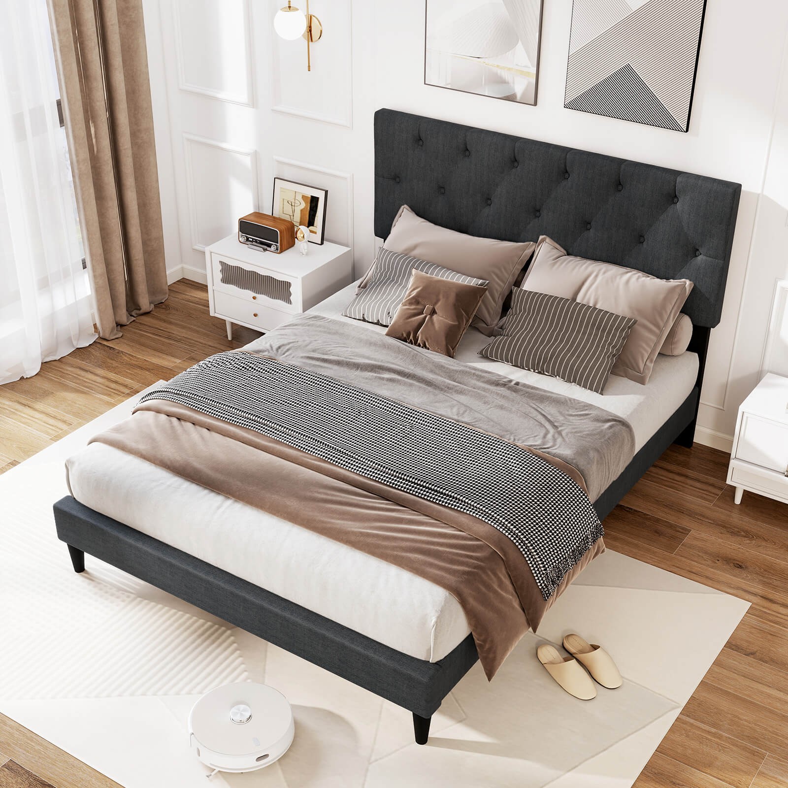 Full Size Bed Frame w/ Button-Tu'ed Headboard & Wooden Slats Easy Assembly