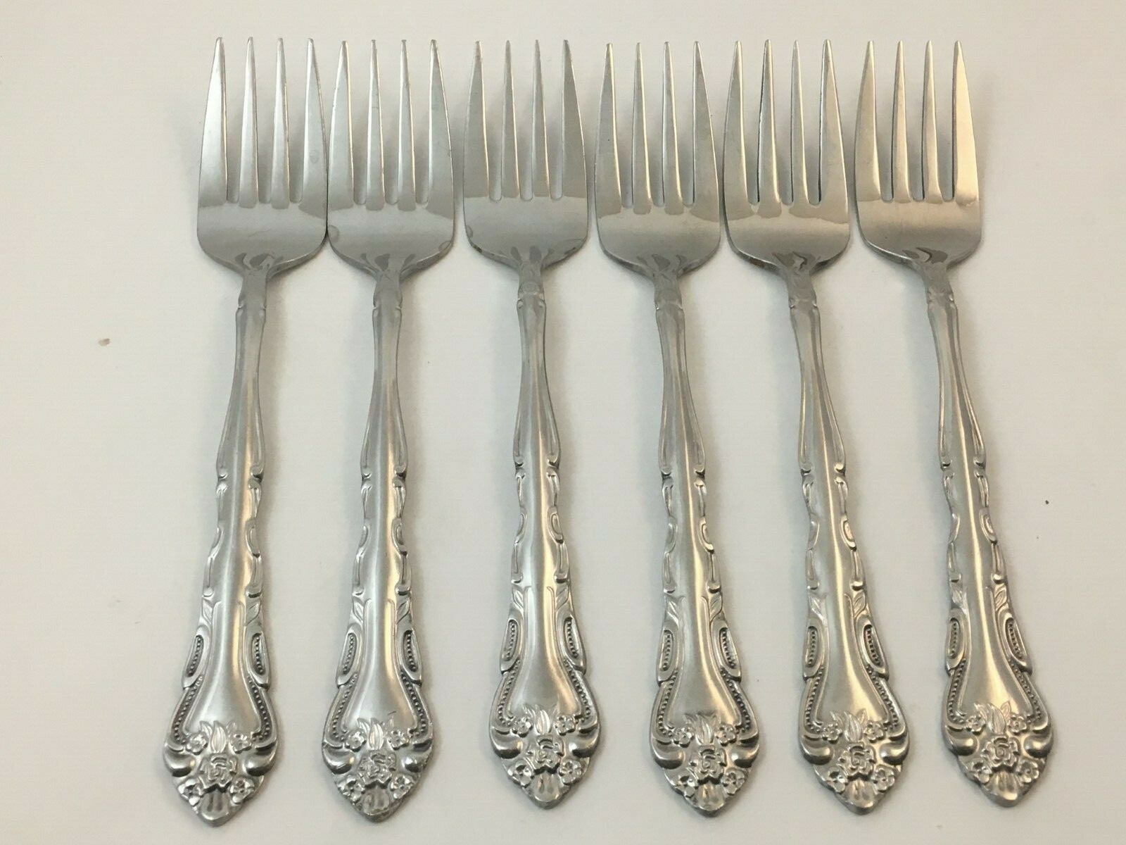 6 Salad Forks International Stainless Roses and Scrolls Flatware