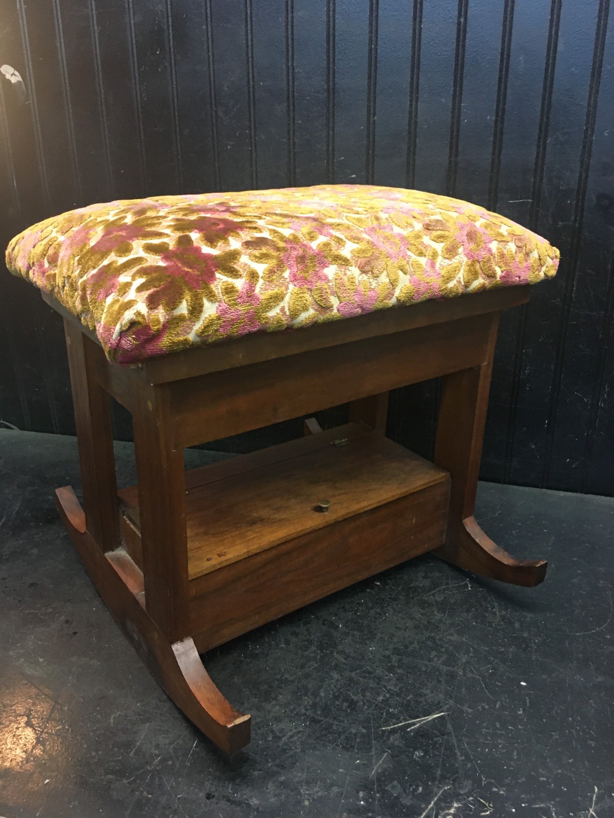Wood Footstool- Vtg Rocking Floral Tapestry Upholstered Padded Wooden Stool