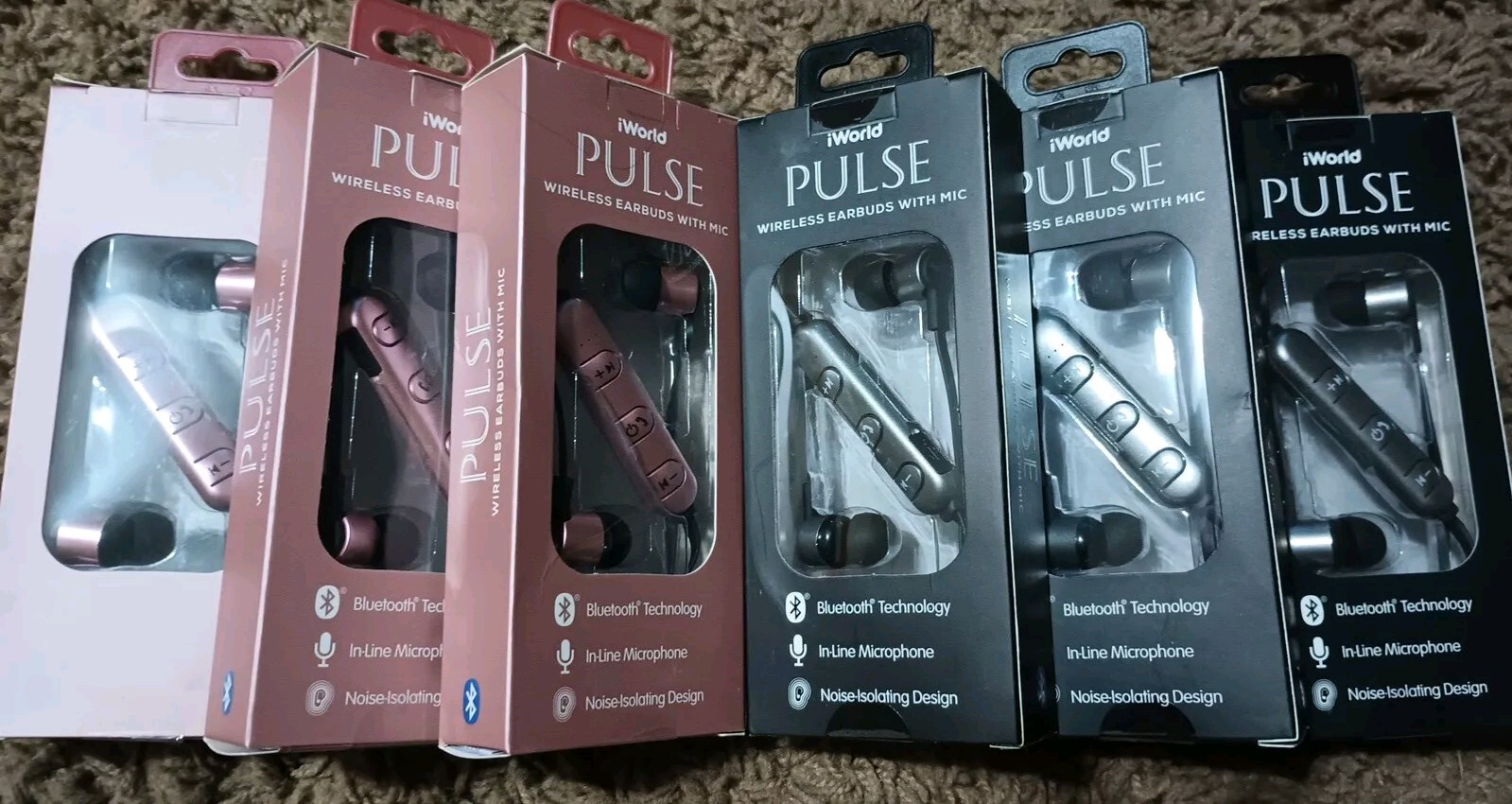 LOT OF 6 iWorld Pulse Wireless Bluetooth Stereo Earbuds w/In-line Mic 2 Colors