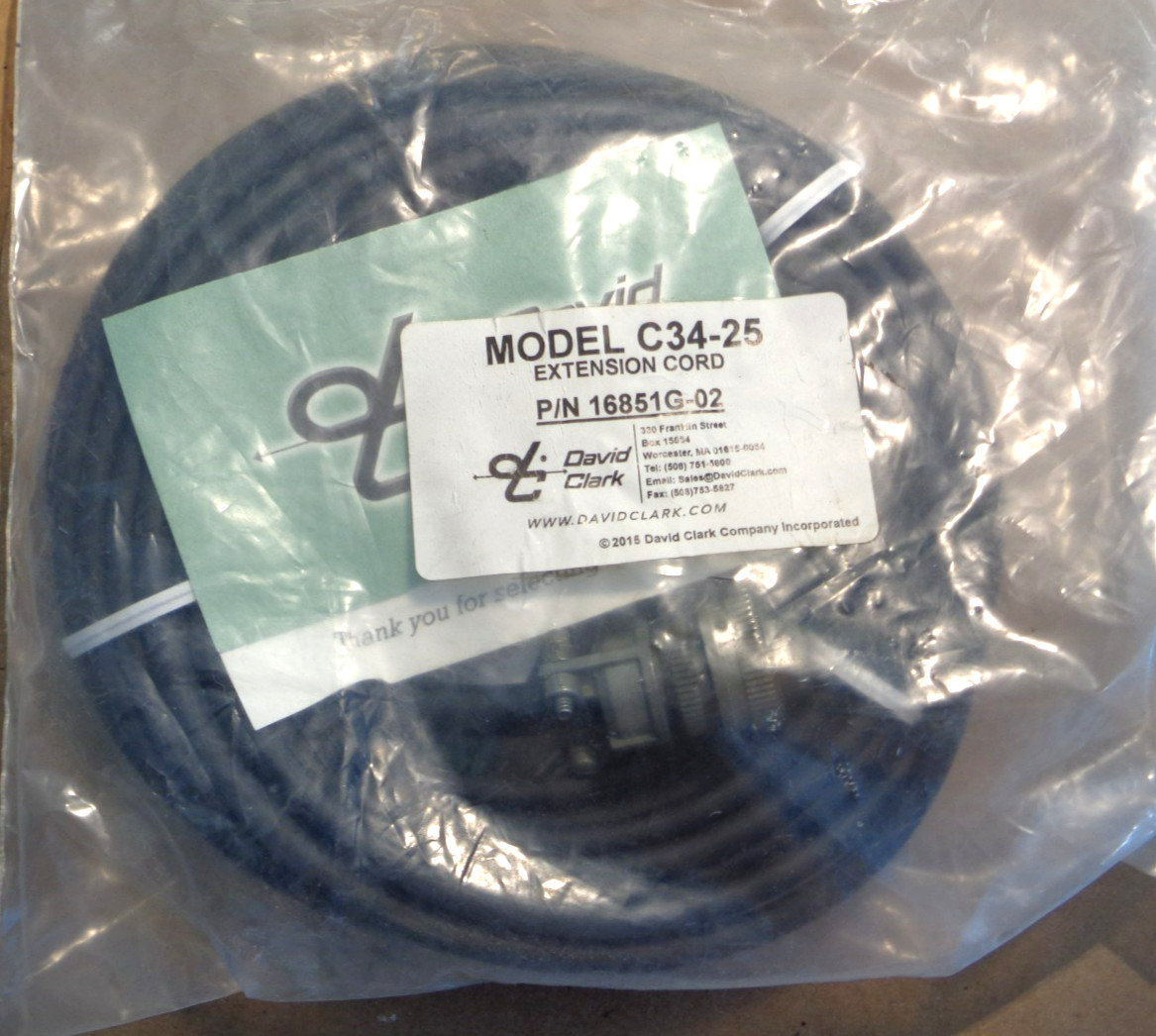 New In Package David Clark Extension Cord Model C34-25, P/N 16851G-02
