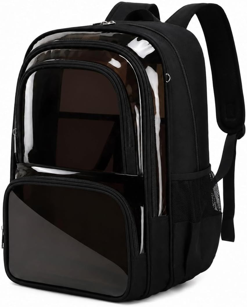 Large Heavy-Duty Clear Backpack with Multiple Compartments, Transparent Bookbag