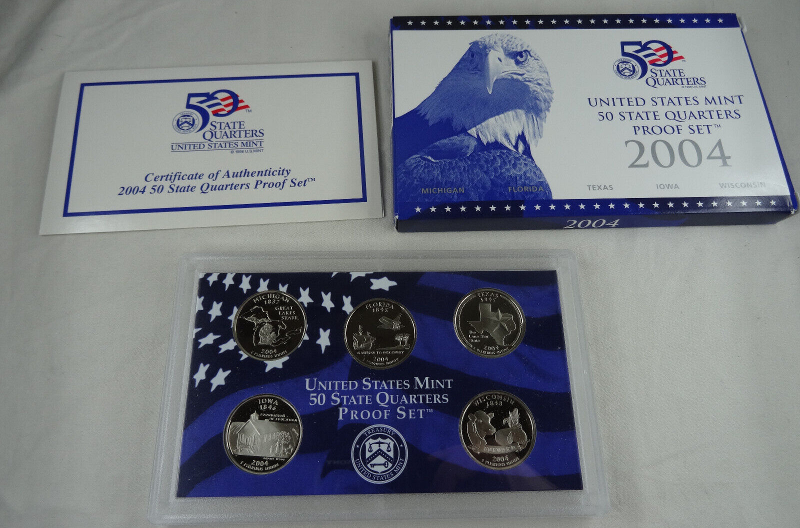 2004-S US Mint Statehood Quarters Proof Set 5 Coins Box & COA OGP Cameo