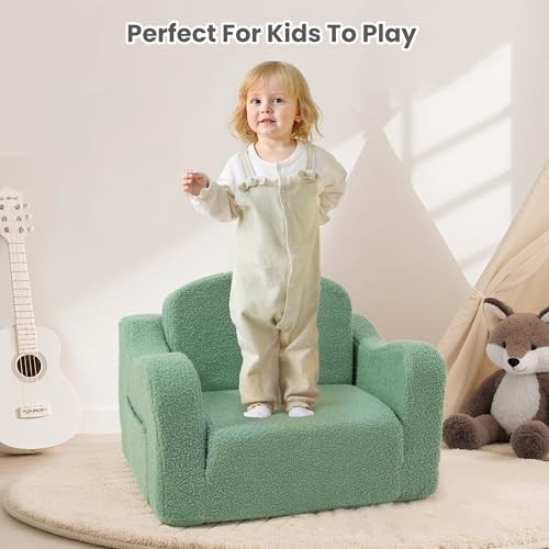 Comfy Toddler Chair & Kids, 2-in-1 Soft Couch Fold Out for Green Teddy Velvet