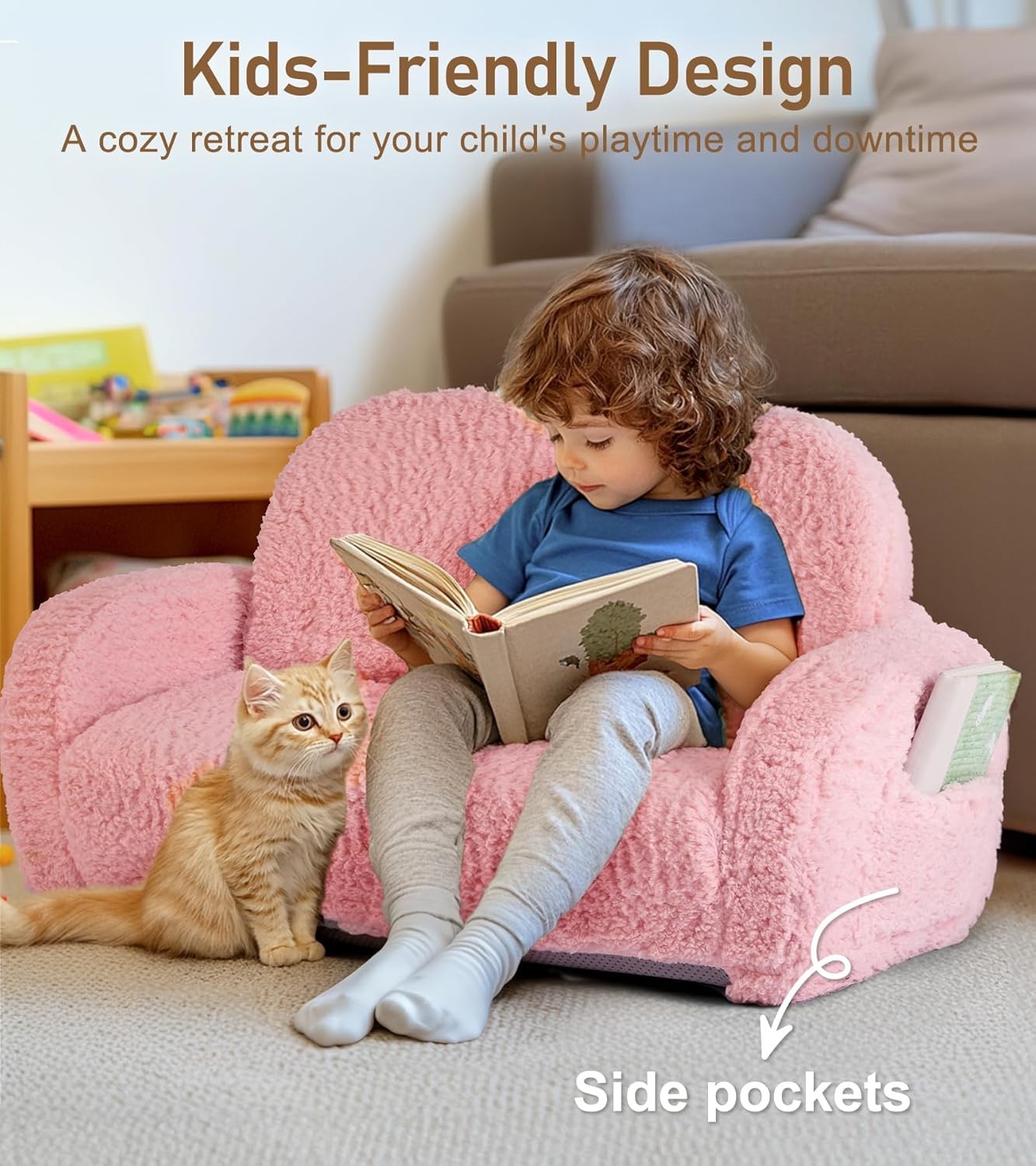 2-in-1 Sherpa Fold Out Kids Couch Extra Wide Comfy Toddler Chair Convertible