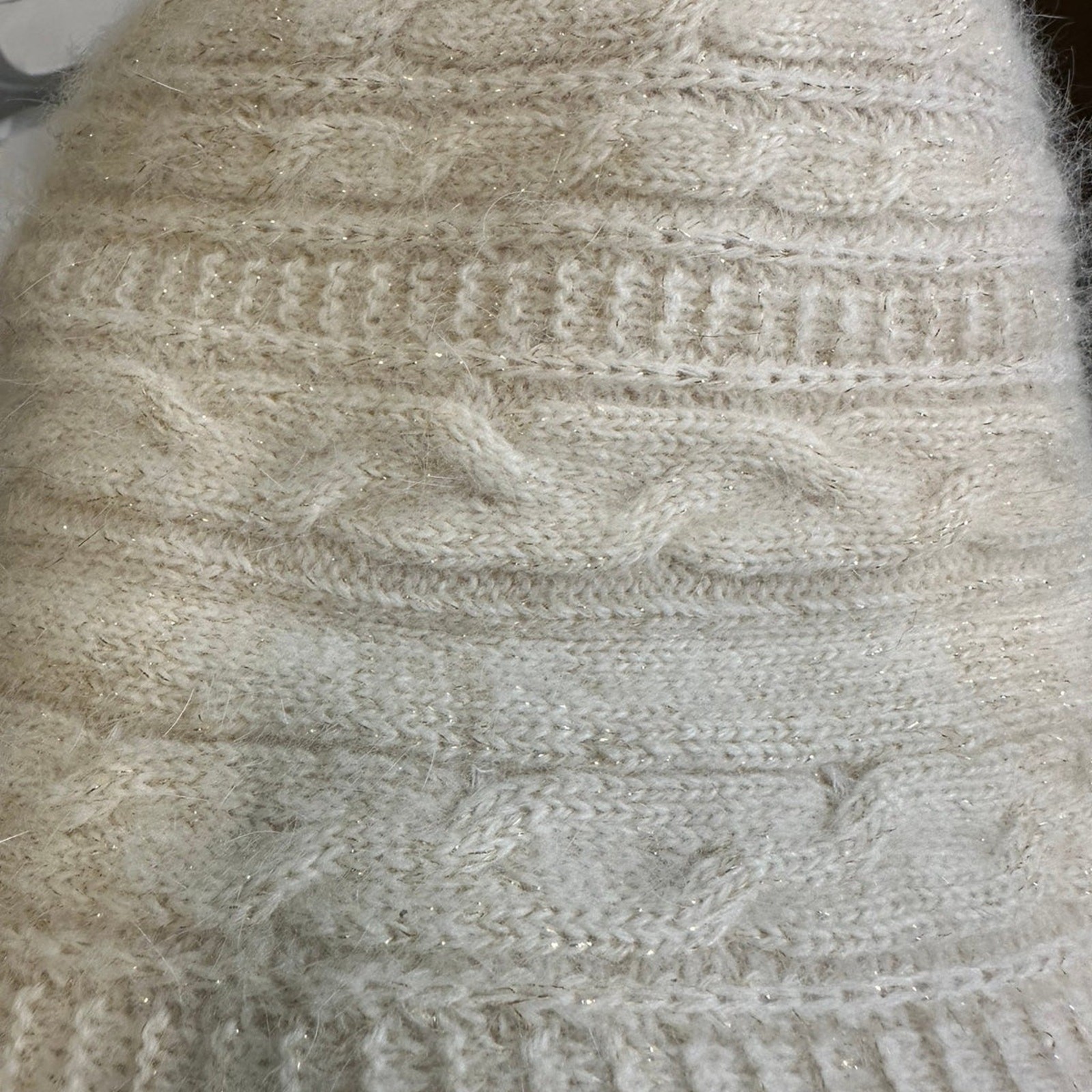 Nine West Rabbit Wool Blend Braided Knit Hat White Cream Gold Accents Winter