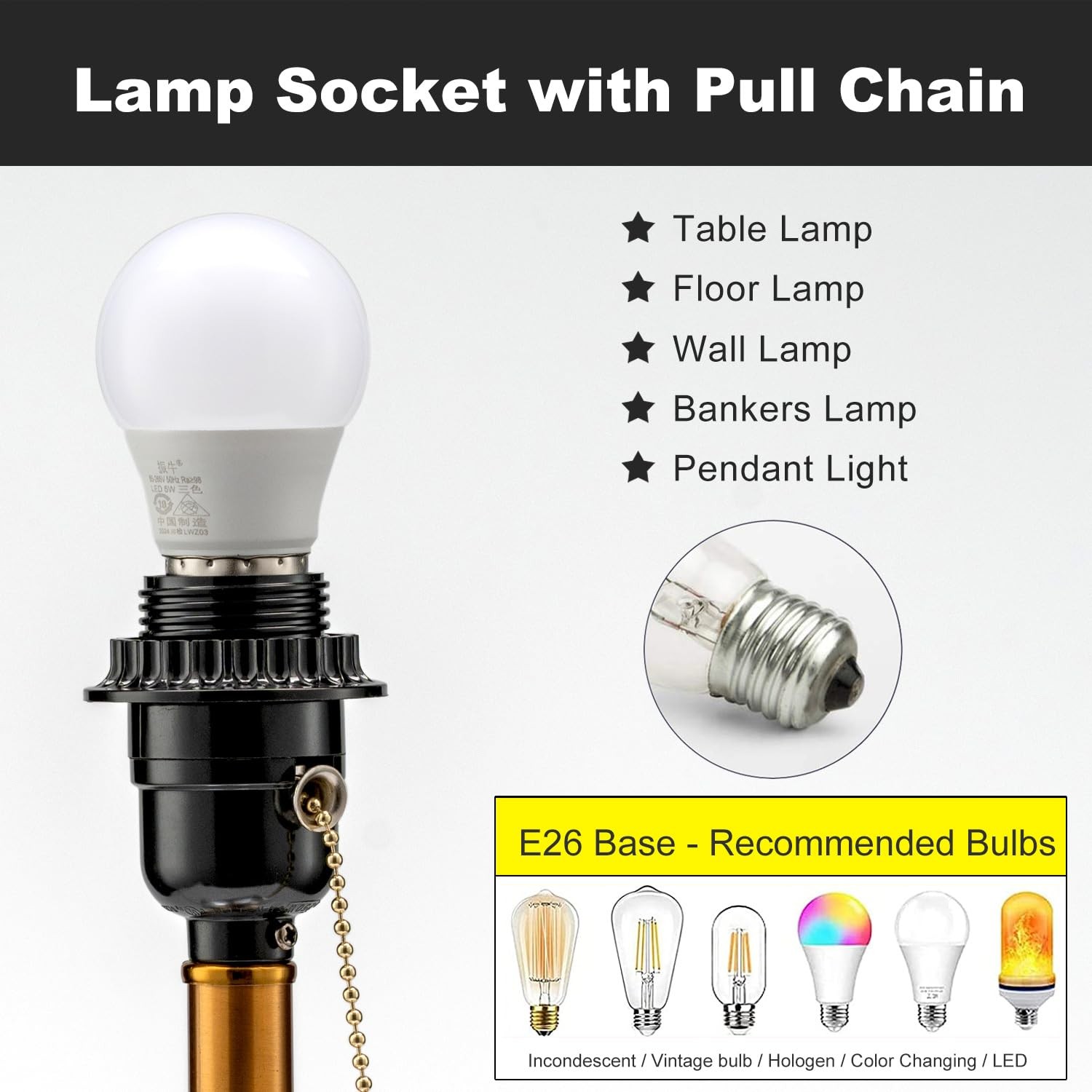 Pull Chain Light Bulb Socket With Shade Ring, E26 Replacement Black