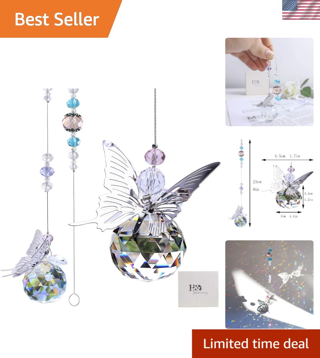 Stunning Handmade Butterfly Crystal Prism Suncatcher - Light & Rainbow Effects