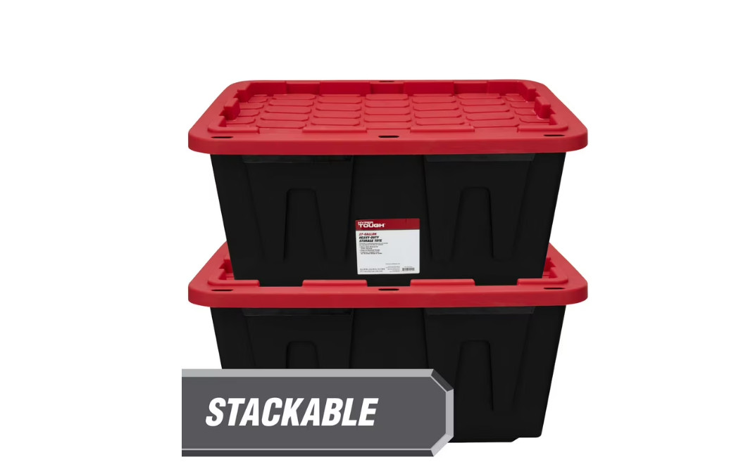 4-Pack Hyper Tough 27Gal Heavy Duty Plastic Storage Bin Black Red Snap Lid