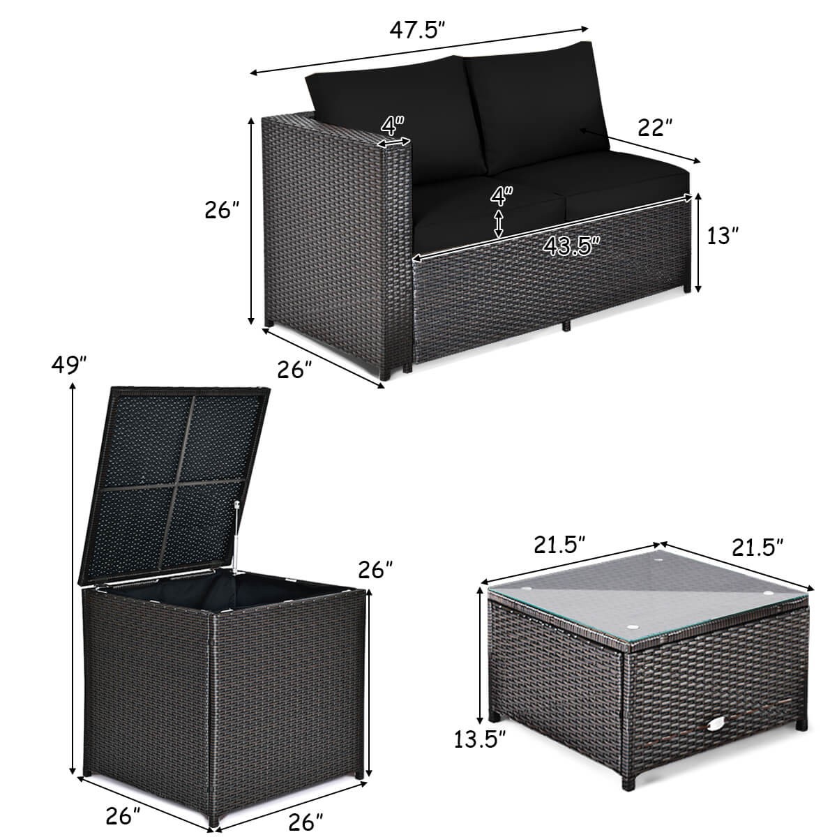4PCS Outdoor Patio Rattan Furniture Set Cushioned Loveseat Storage Table Navy