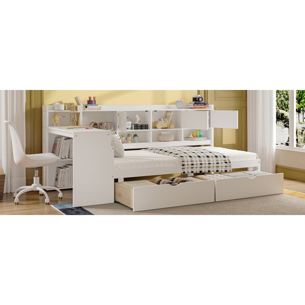 White L-Shape Daybed w/ Storage Cabinets & Desk, Twin Size