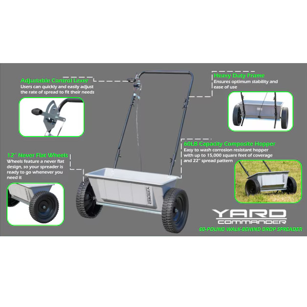 Yard Commander Drop Spreader 60-lb Capacity Compatible with Fertilizer, Seed