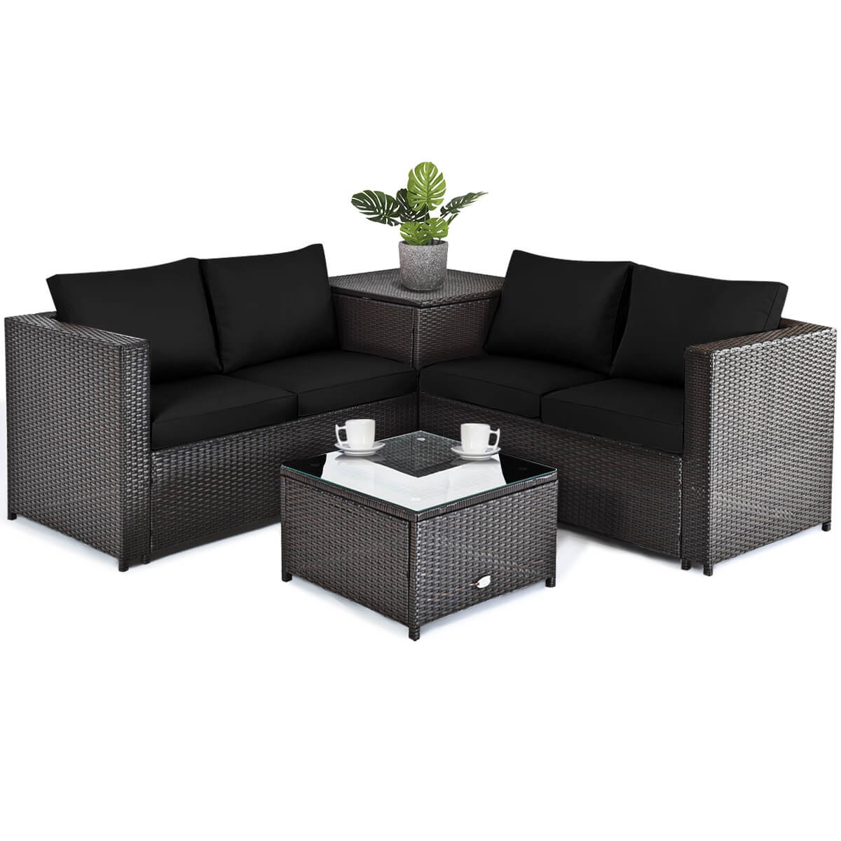 4PCS Outdoor Patio Rattan Furniture Set Cushioned Loveseat Storage Table Navy