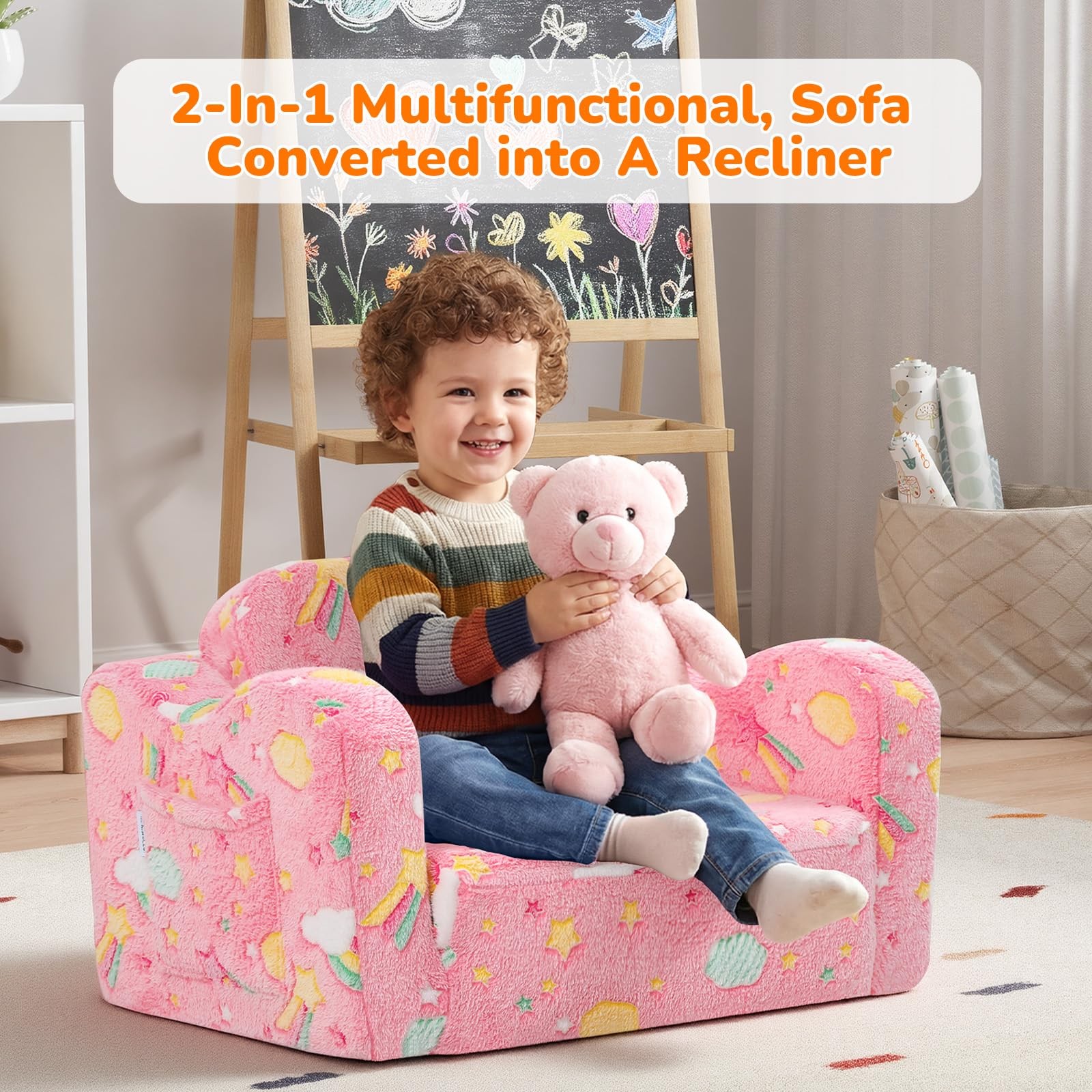 Glowing Pink Rainbow Chair, 2-in-1 Glow-in-the-Dark Couch Fold Out Sofa for G...