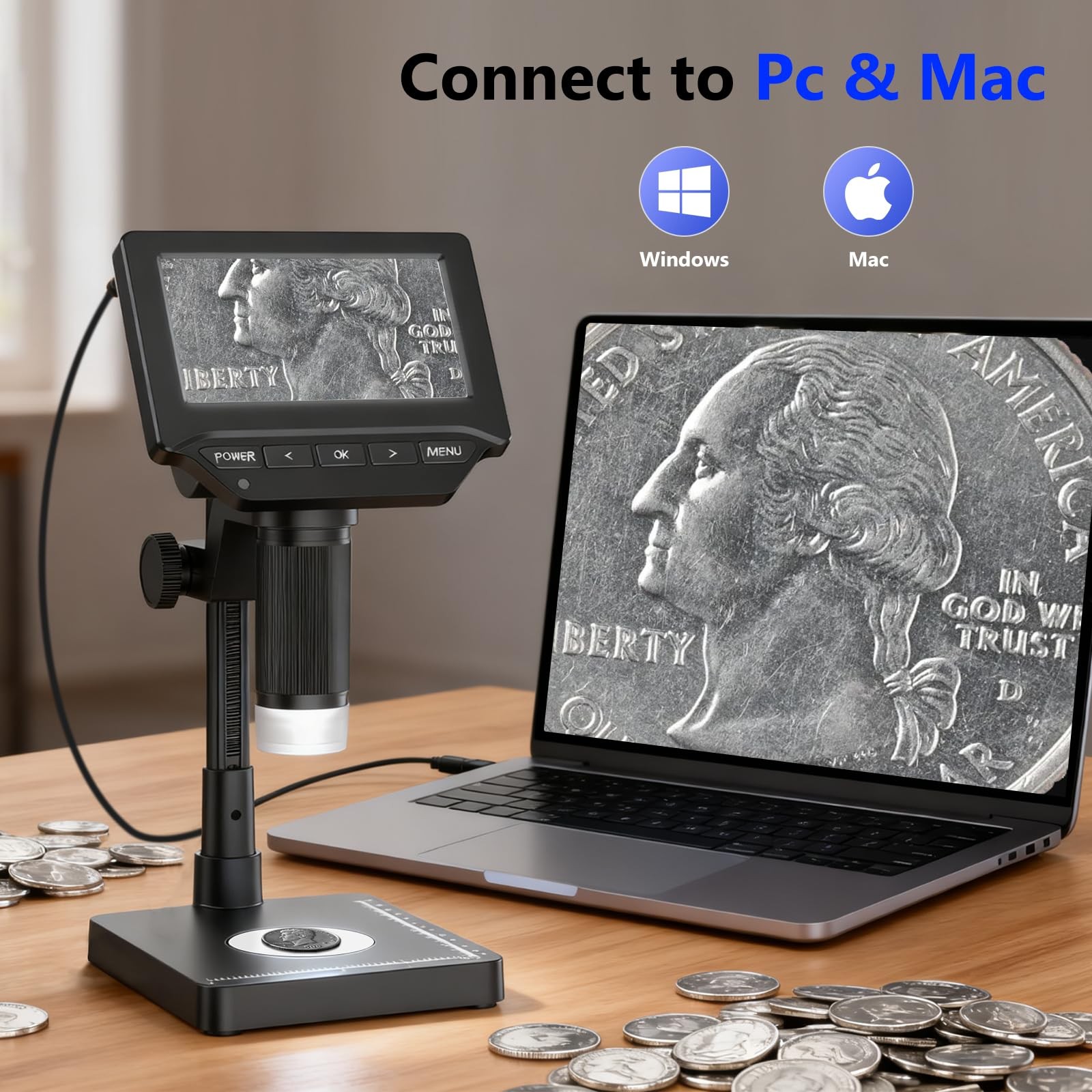 MoreDisp Digital Microscope,4.3" Coin Microscope with Black