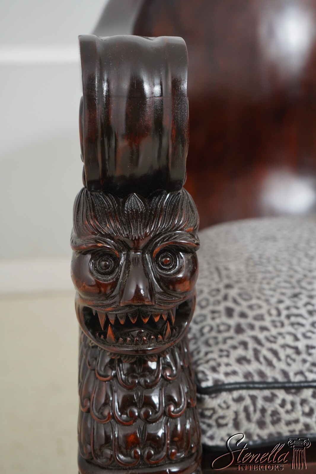 F62511EC: Monumental Ornately Carved Throne Chair w. Upholstered Seat