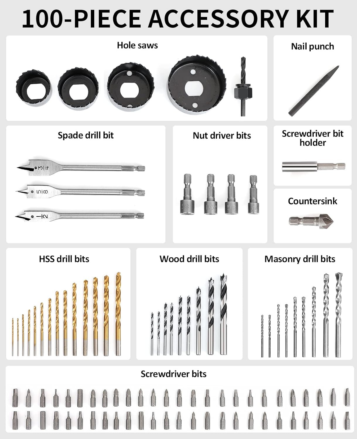 Drill & Driver Bit Set, 100 Pcs Combo Kit with Storage Case-Red | Twist & Brad P