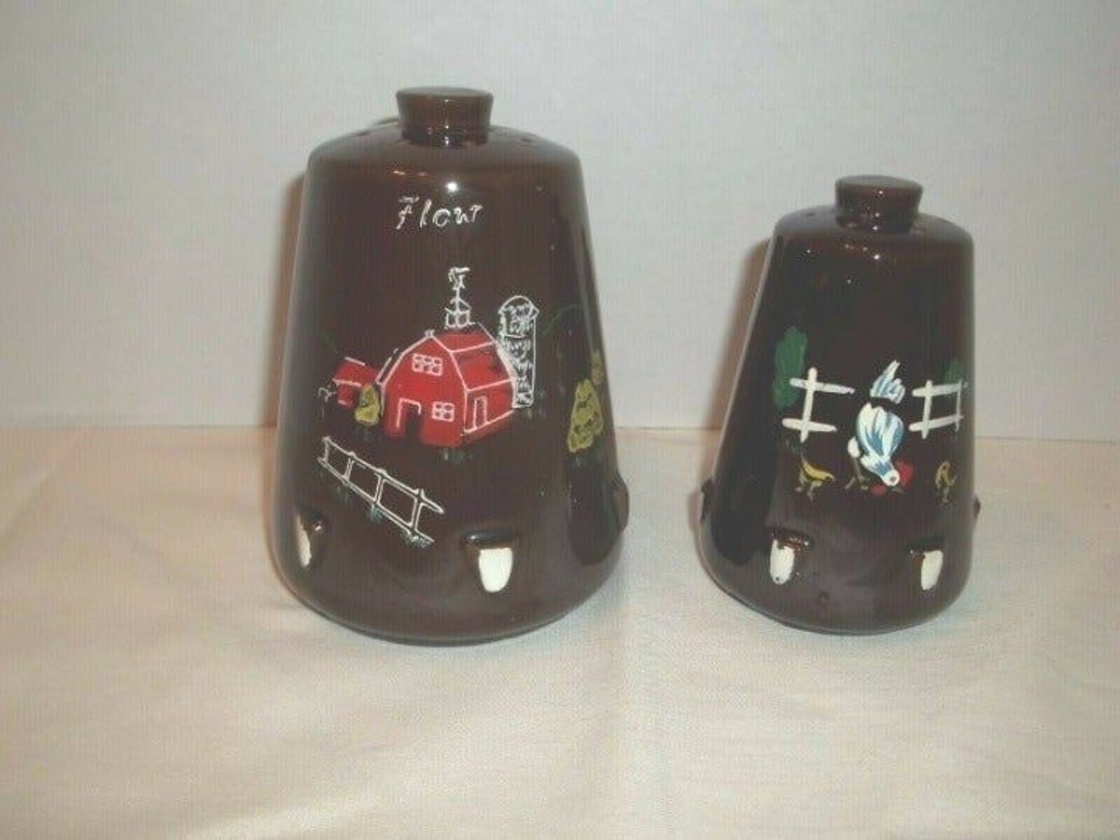 Cal-Pacific Japan 1950's Brownware Farm Scene Flour & Sugar Shaker Set