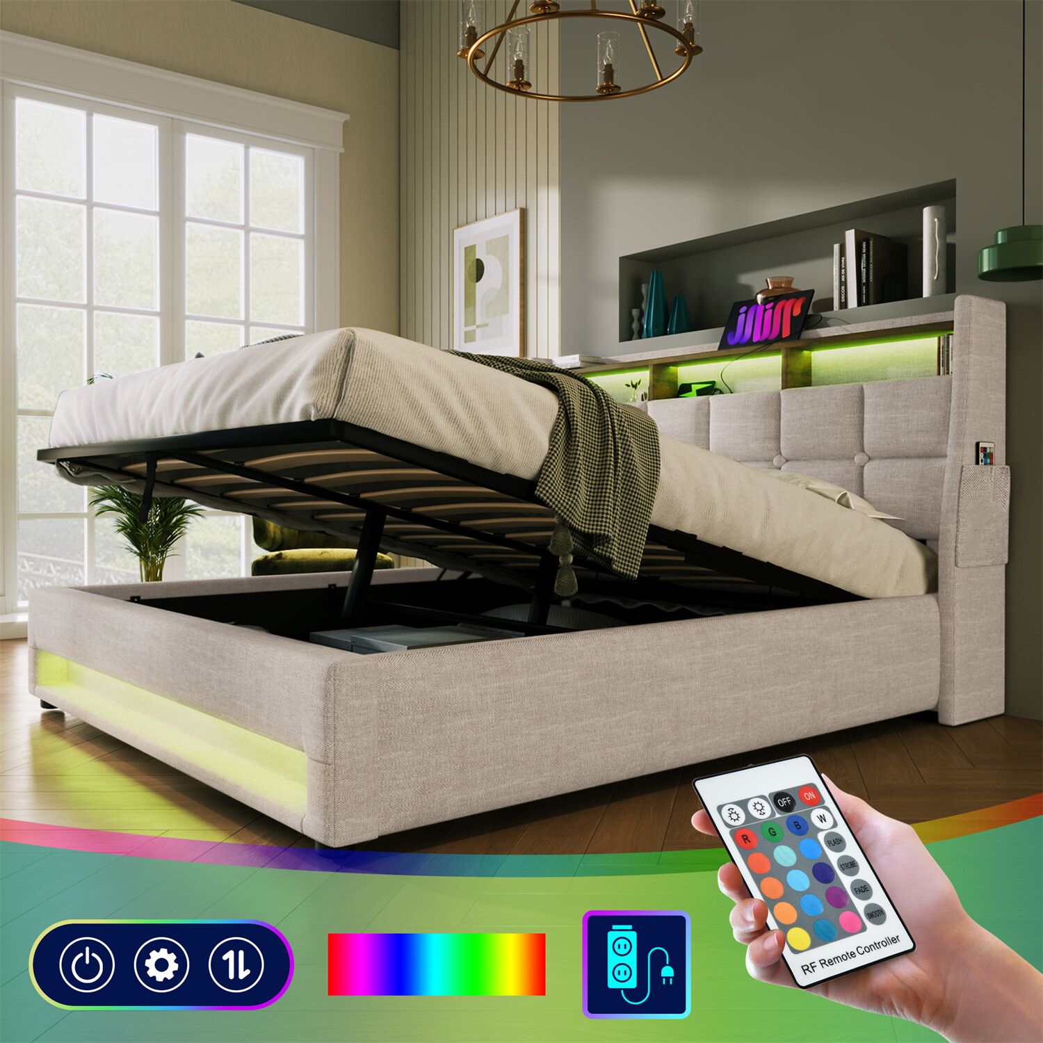 Queen Size LED Bed Frame Upholstered Platform Bed w/ Hydraulic Storage System US
