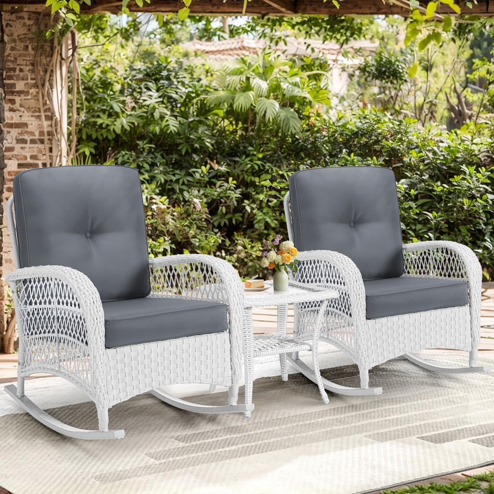 3 Pieces Patio Furniture Set Outdoor Rattan Rocking Bistro Set with Coffee Table