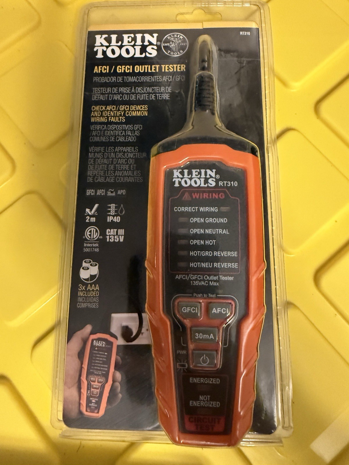 Klein Tools RT310 AFCI / GFCI Outlet Tester for N.American AC Outlets ETL Listed