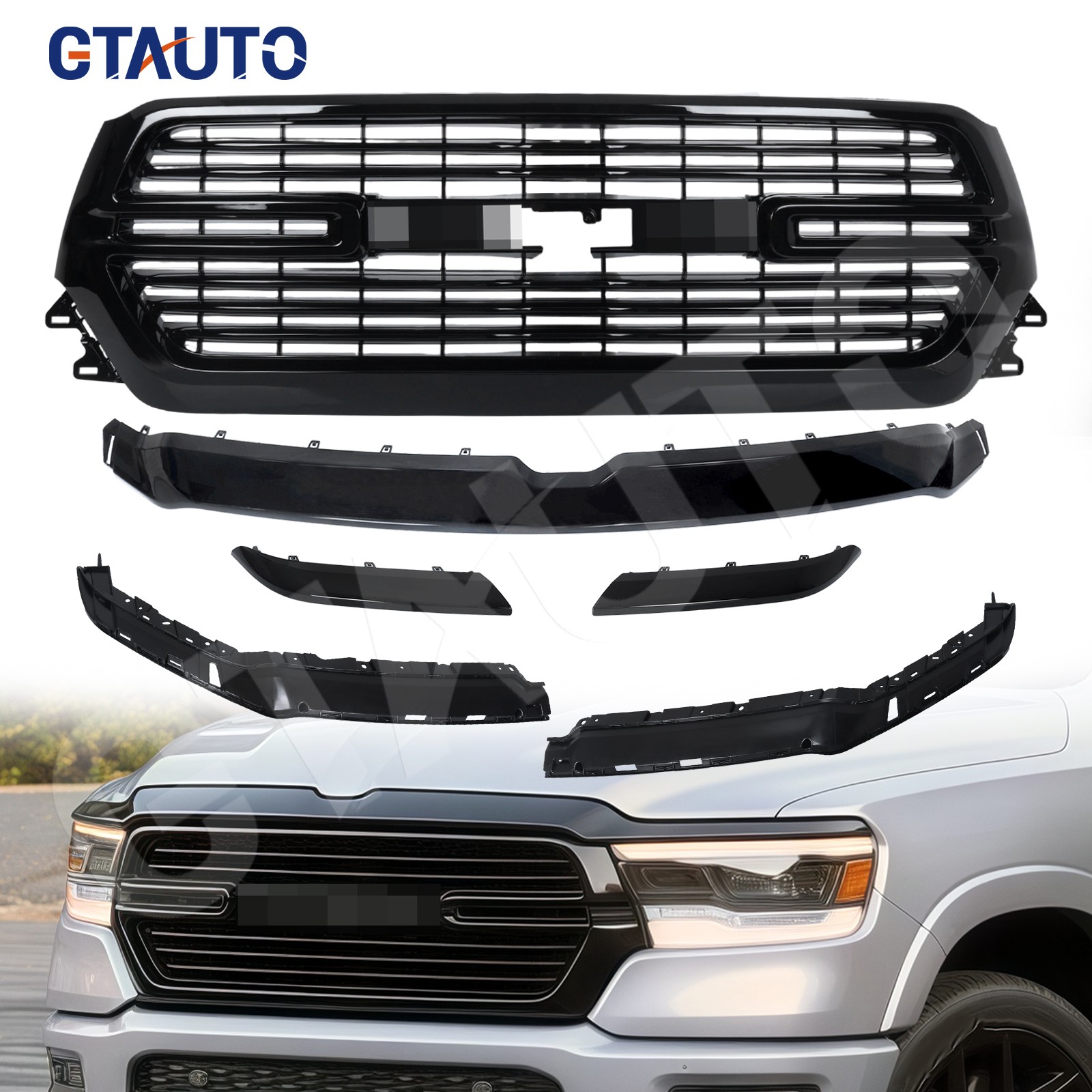 For 2019-2023 Dodge Ram 1500 Front Bumper Grille W/ Black Upper Molding Trim