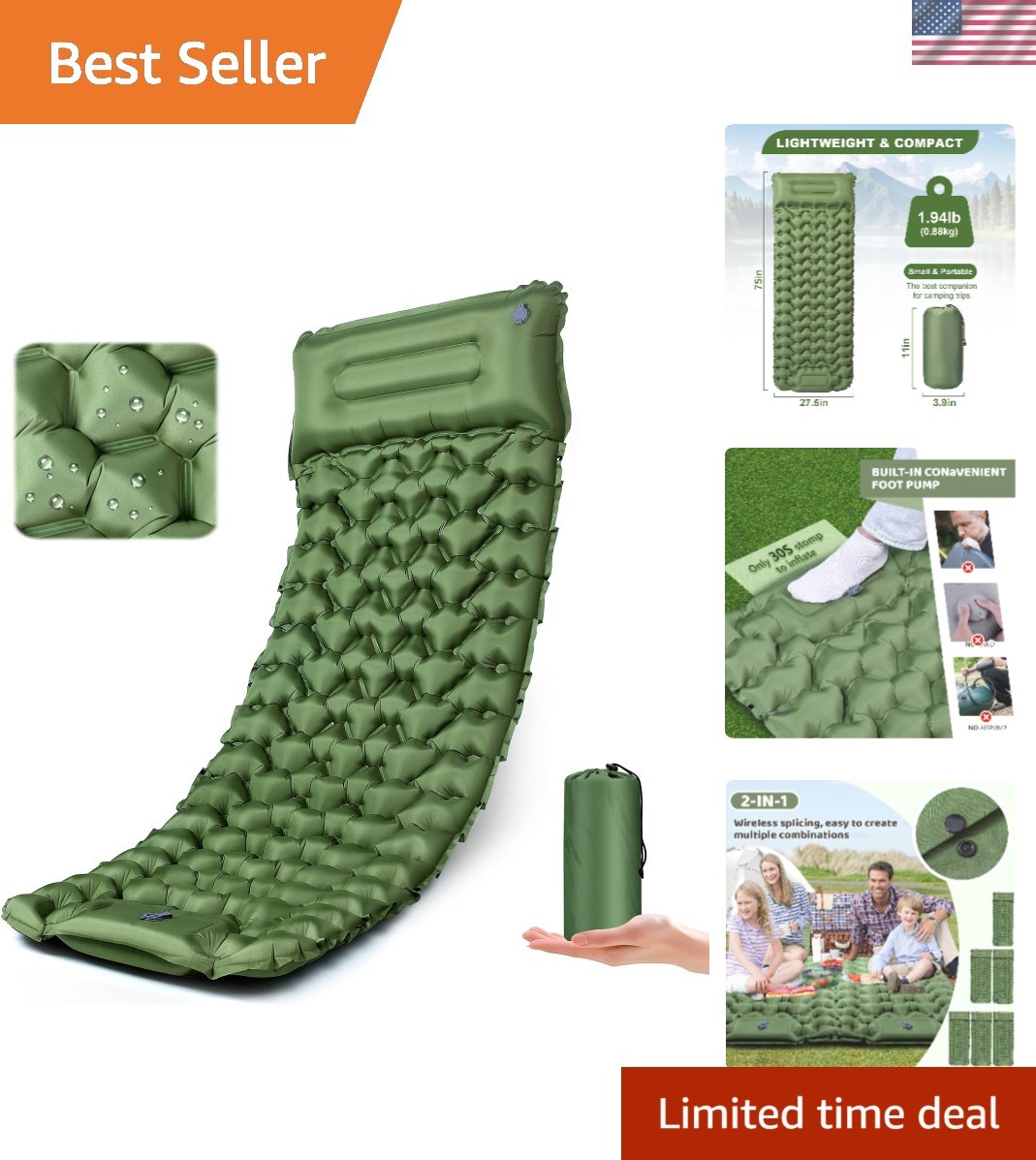 Ultralight Inflatable Sleeping Pad with Built-in Pillow & Foot Pump - 75" x 27"