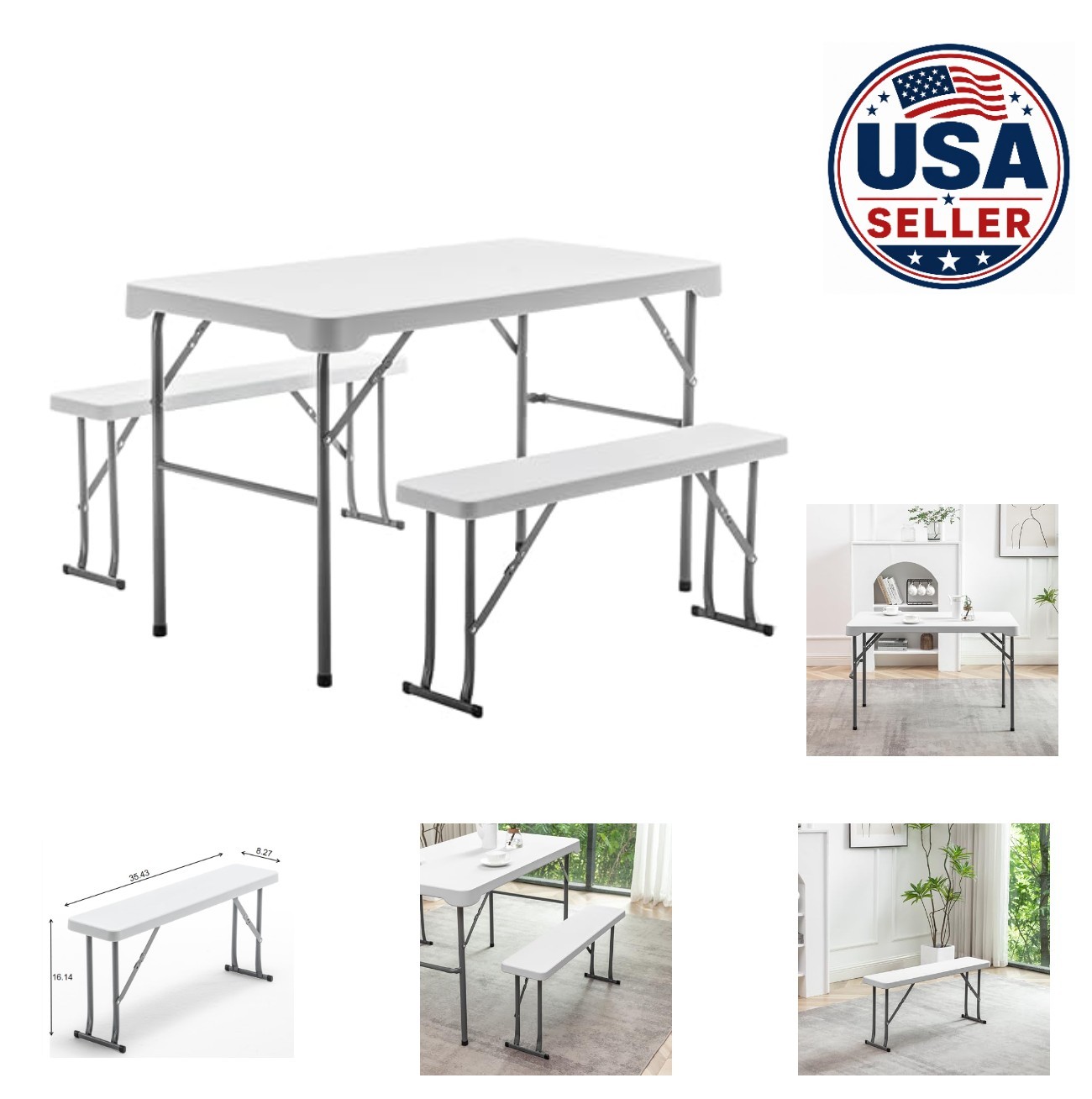 Folding Picnic Table Set White Heavy Duty HDPE Rectangle Table Two Benches