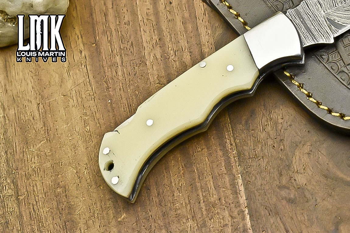 LMK Custom Twist Damascus Pocket Folding Knife Bone Back Lock Hiking Razor Sharp
