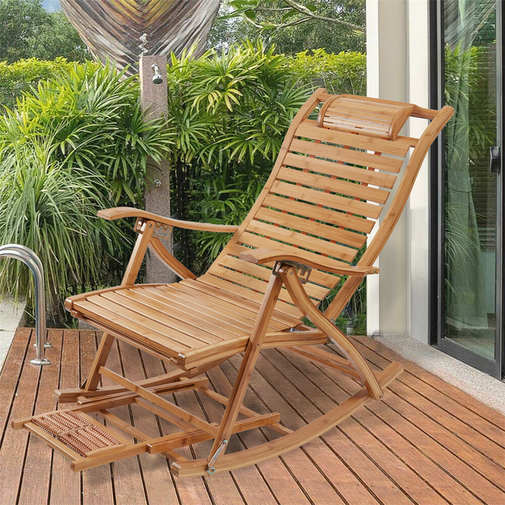 Heavy Duty Folding Rocking Chair Bamboo Living Room Indoor Outdoor Furniture US