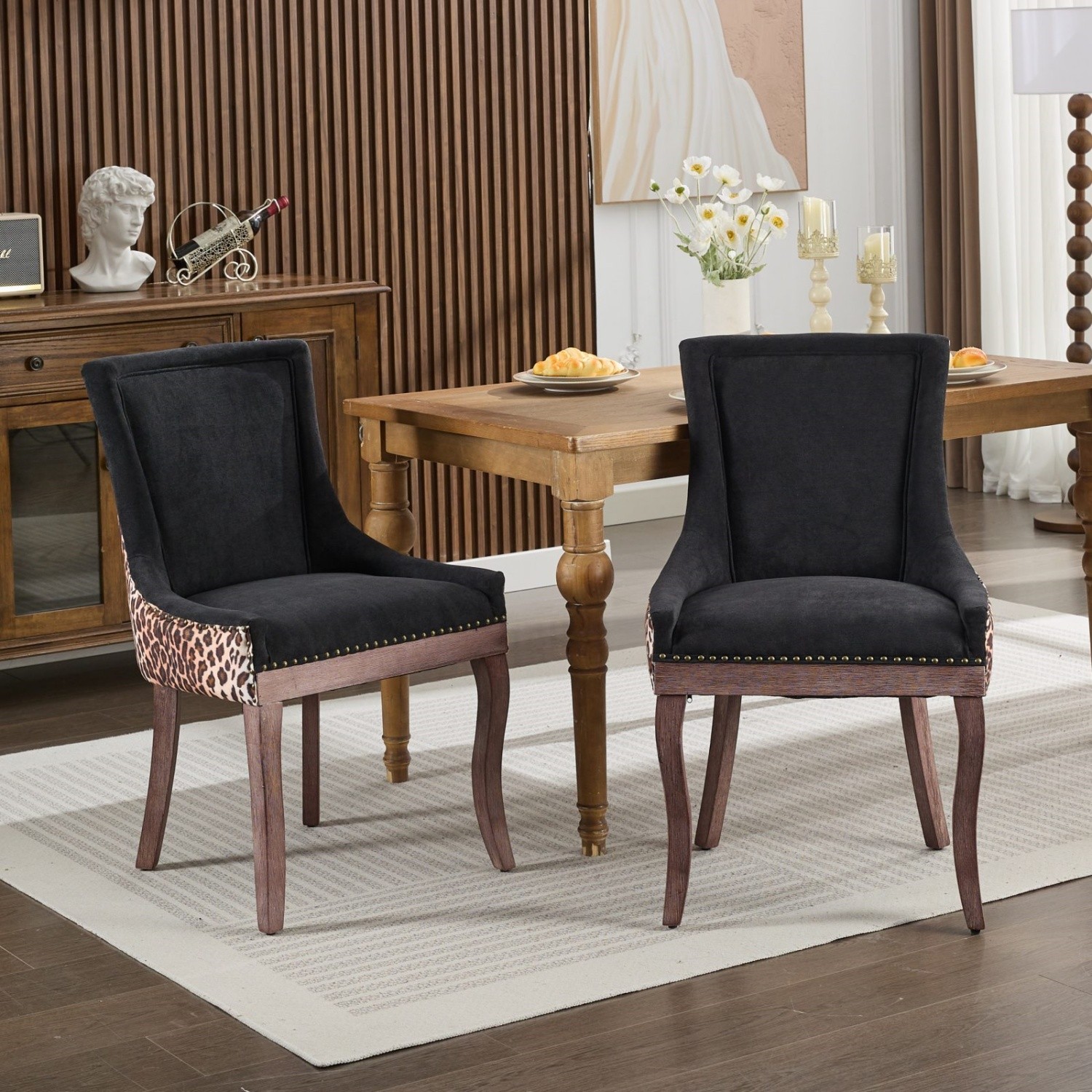 Set of 2 Dining Chairs Upholstered Kitchen Dining Chairs with Wood Legs Leopard