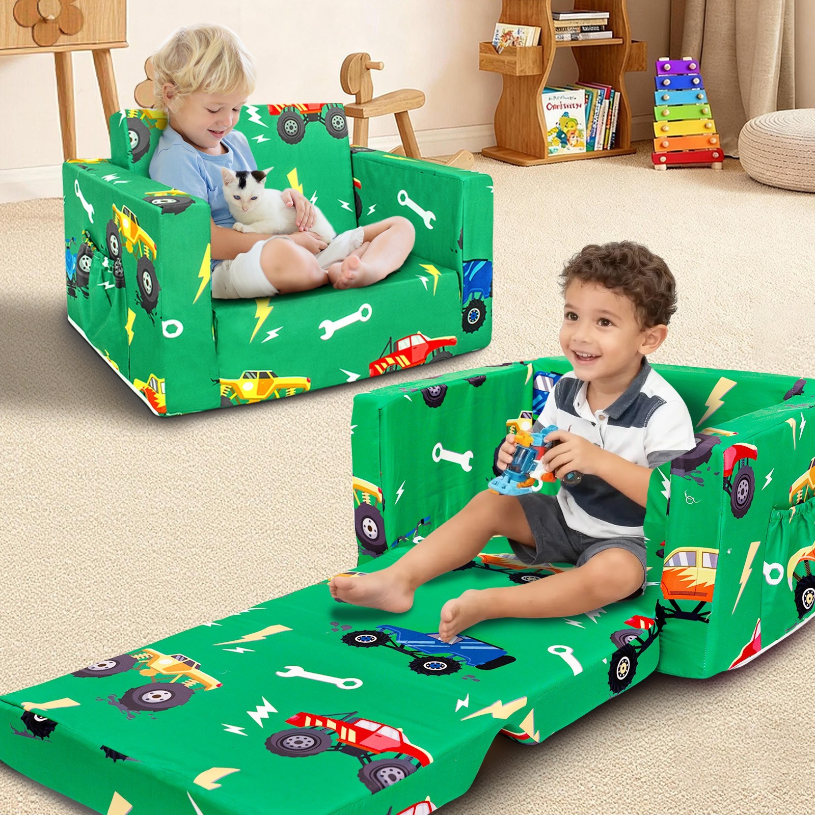 Zenkitch Toddler Sofa, 2-in-1 Cars Flip Open Toddler Couch, with Side Pocket