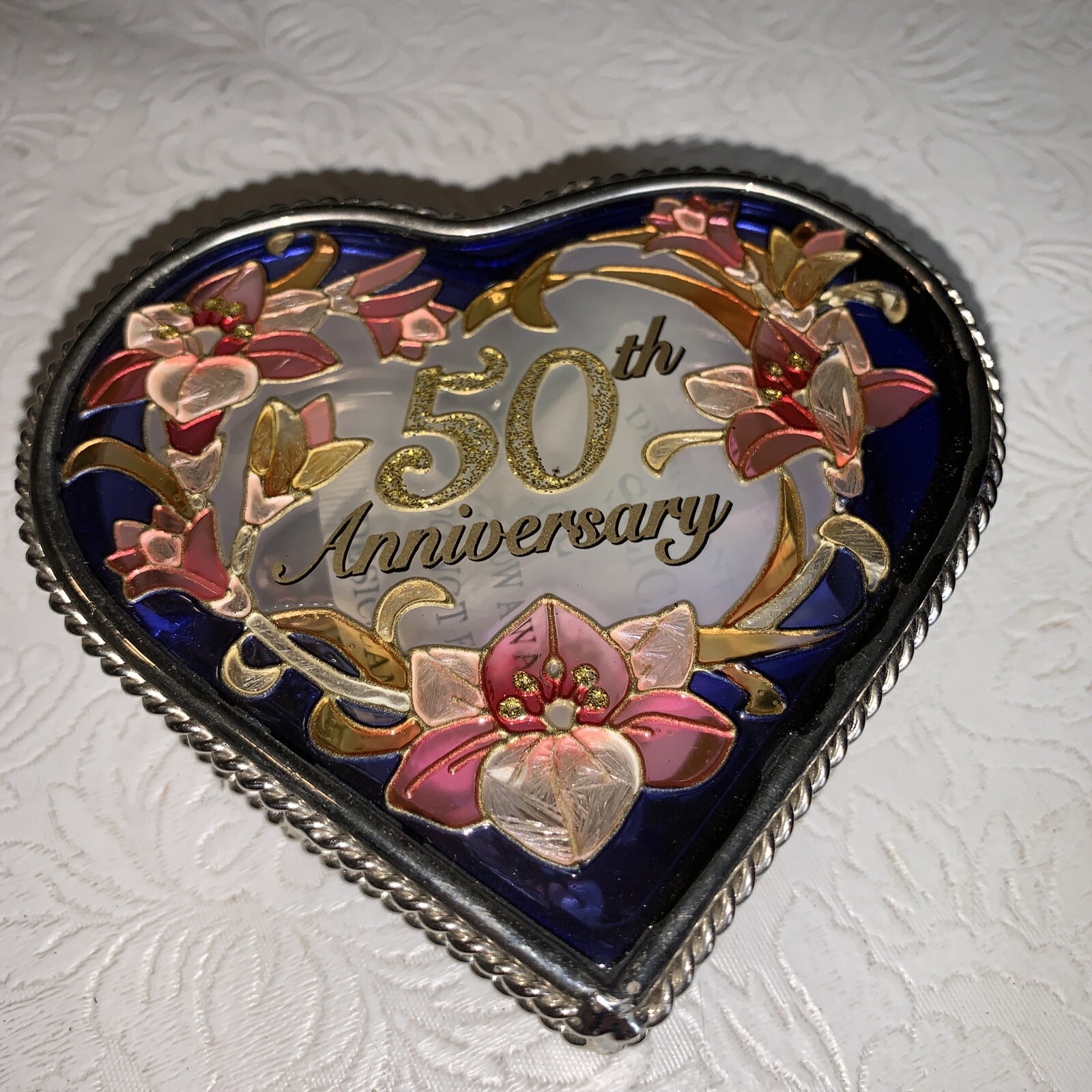 50th Anniversary Multicolored Heart Shaped Trinket Box - Unused in New Condition