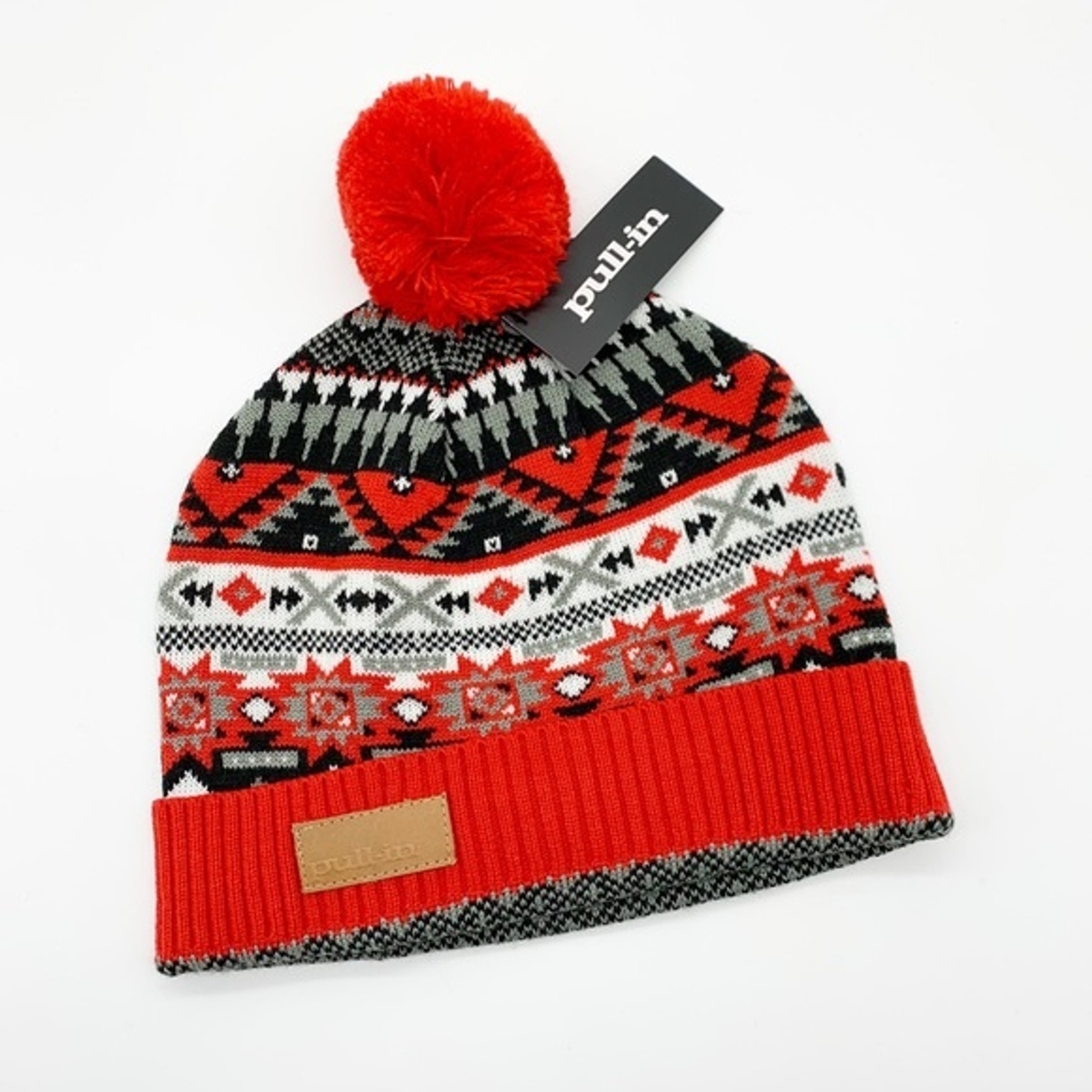 NWT Pull In Red FairIsle Knit Beanie Hat with Pom Pom Boy’s OS