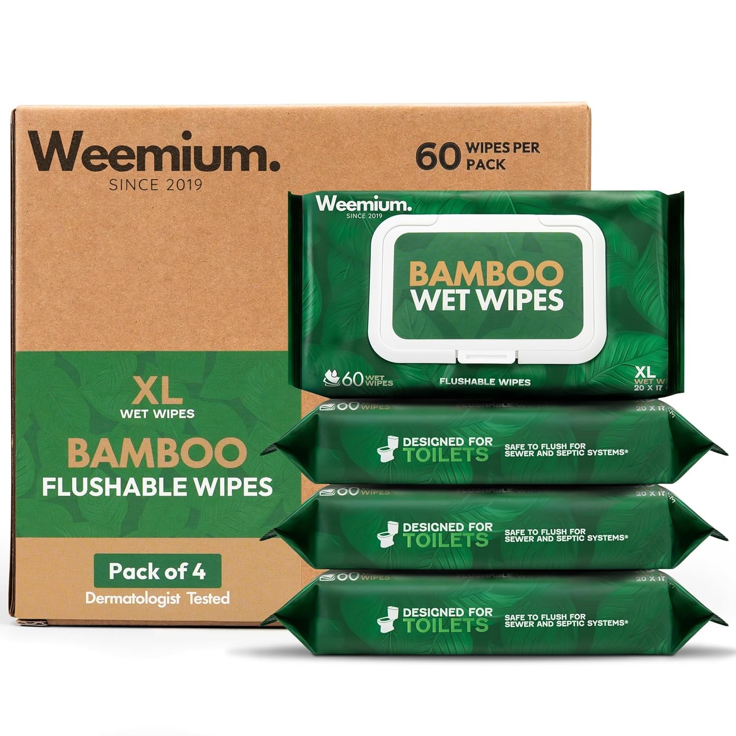 Weemium Flushable Bamboo Wipes 99% Water 240ct