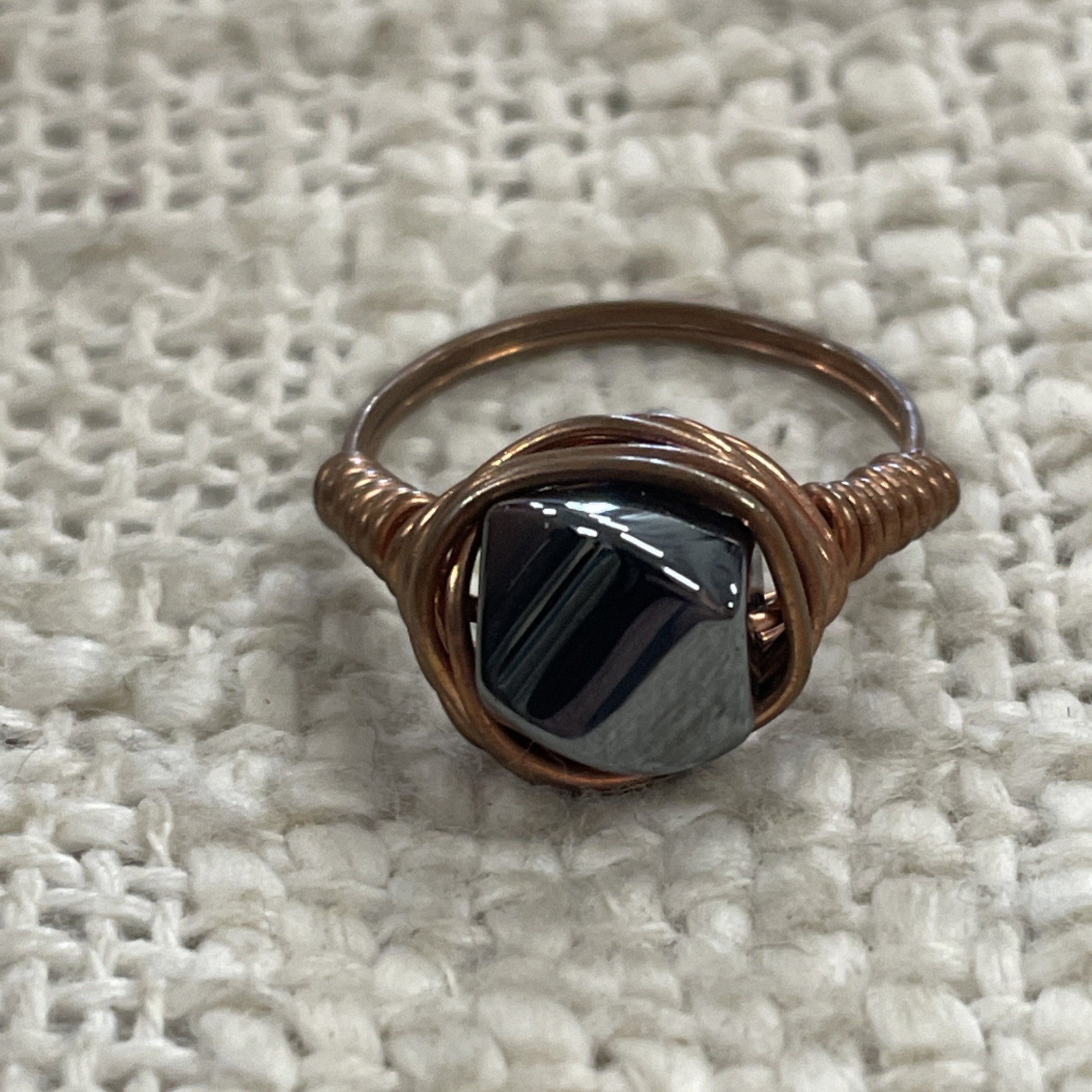 Copper Wire Wrapped Polished Gray Stone Ring Size 6.25