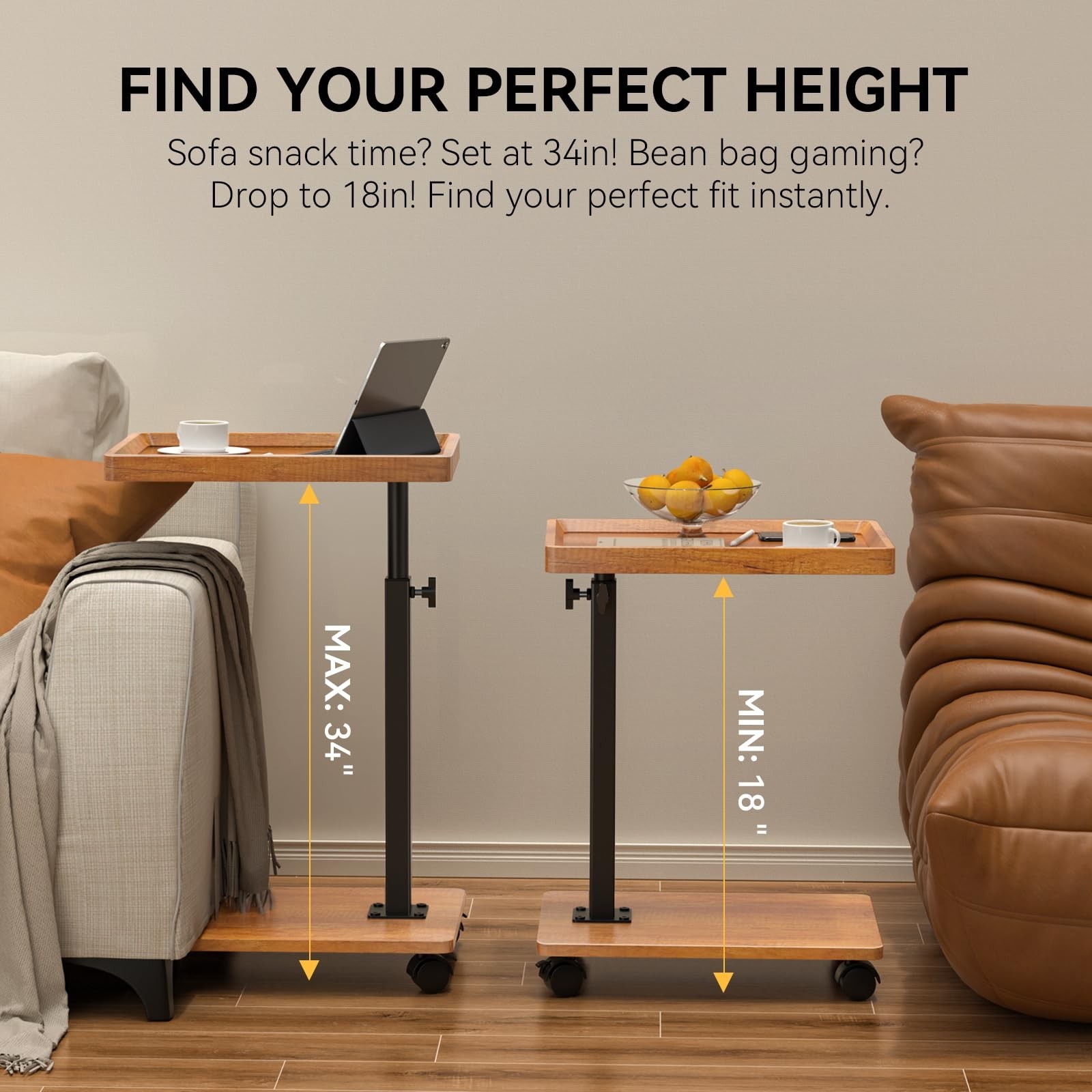 C Table End Table Adjustable Height, 360°Swivel TV Tray Table for Small Spa