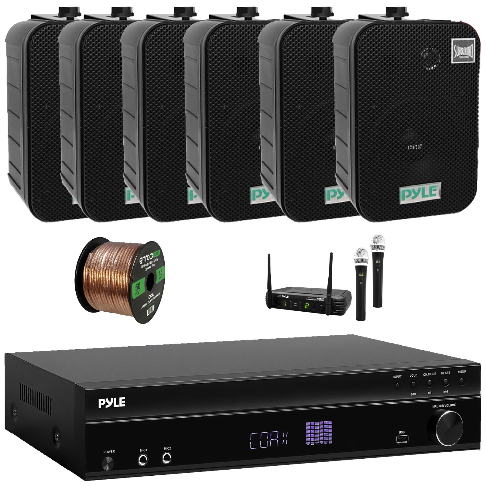 Pyle 1000W Max Karaoke Amp Receiver, 6x 5.25" 400W Max Power Speakers + Mic