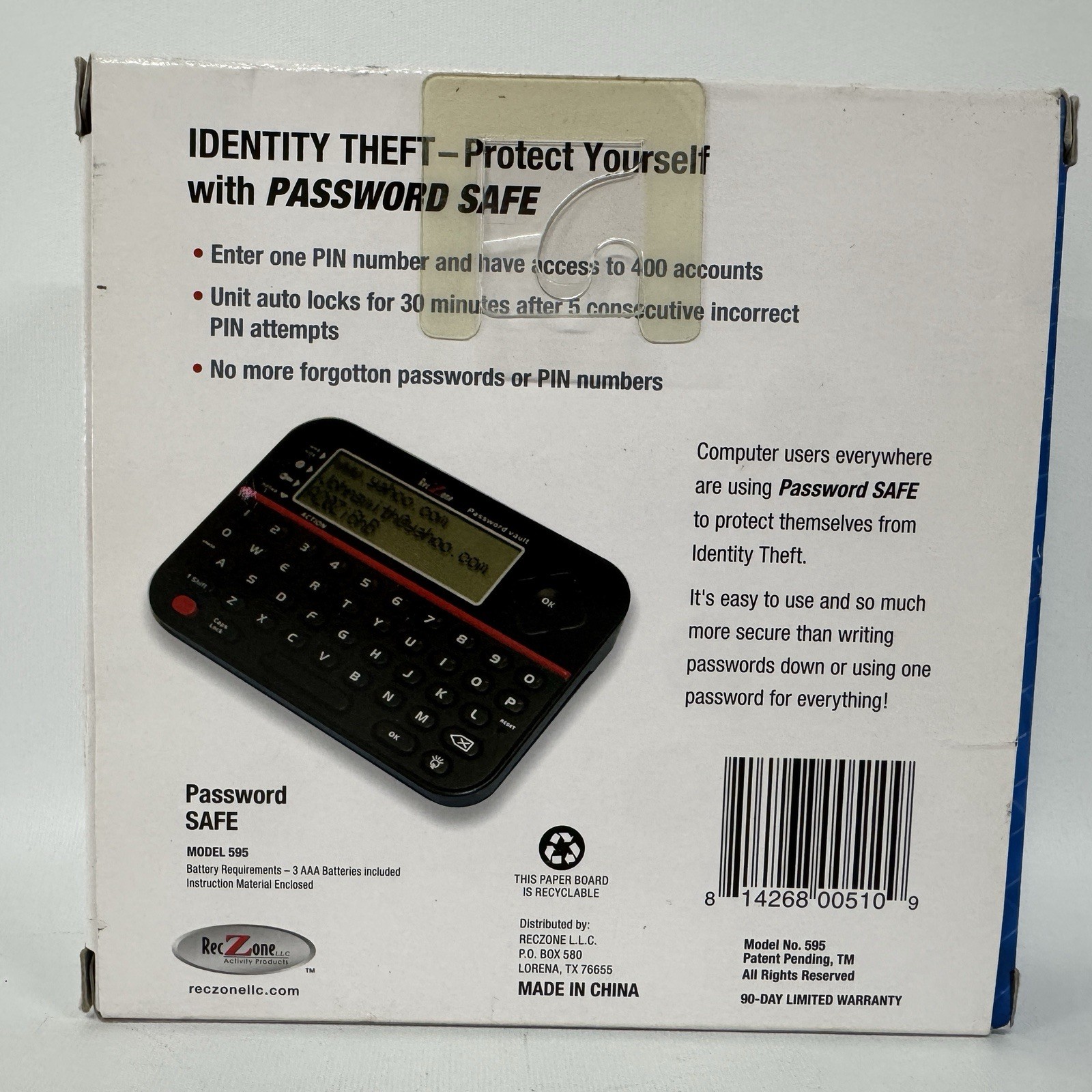 RecZone Password Safe Model 595 Secure Vault Password Organizer Remember NEW NIB