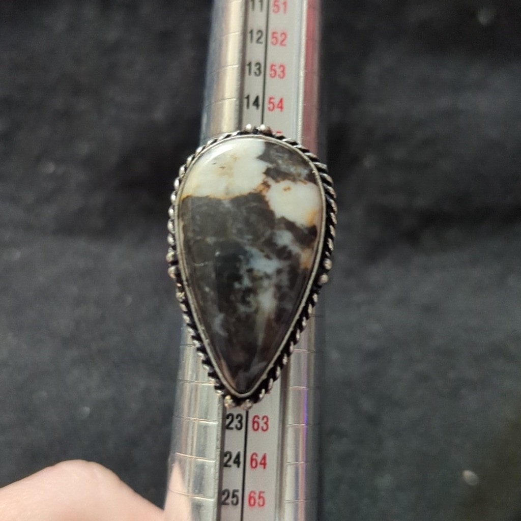 Silver Plated White Black White Buffalo Gemstone Teardrop Statement Ring - 8-10