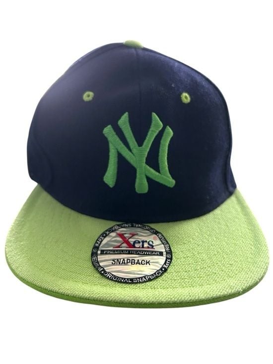NY Yankees Snapback Hat - Xers Premium Headwear - Navy Blue & Lime Green Neon