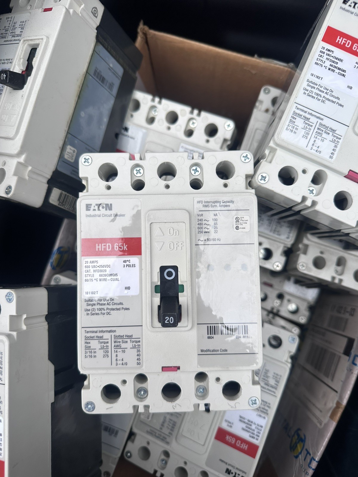 EATON HFD3020 3 pole 20 amp 600 VAC 65kA@480v Type HFD Circuit Breaker - TESTED