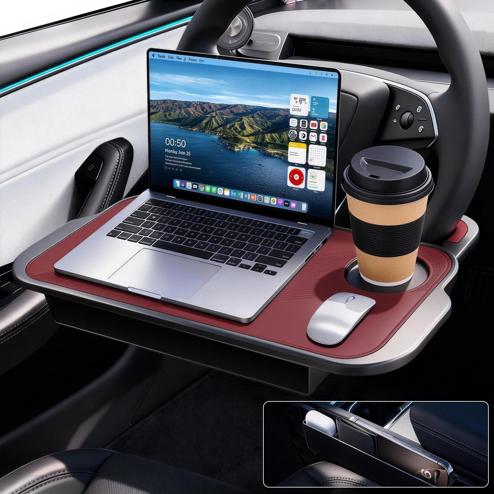 2-in-1 Car Steering Wheel Desk Tray & Car Seat Gap Filler Organizer – Silicon...