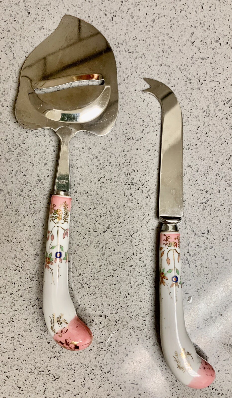 Porcelain Handle Cheese Knife & Slicer Set Stainless Steel Blades Vintage