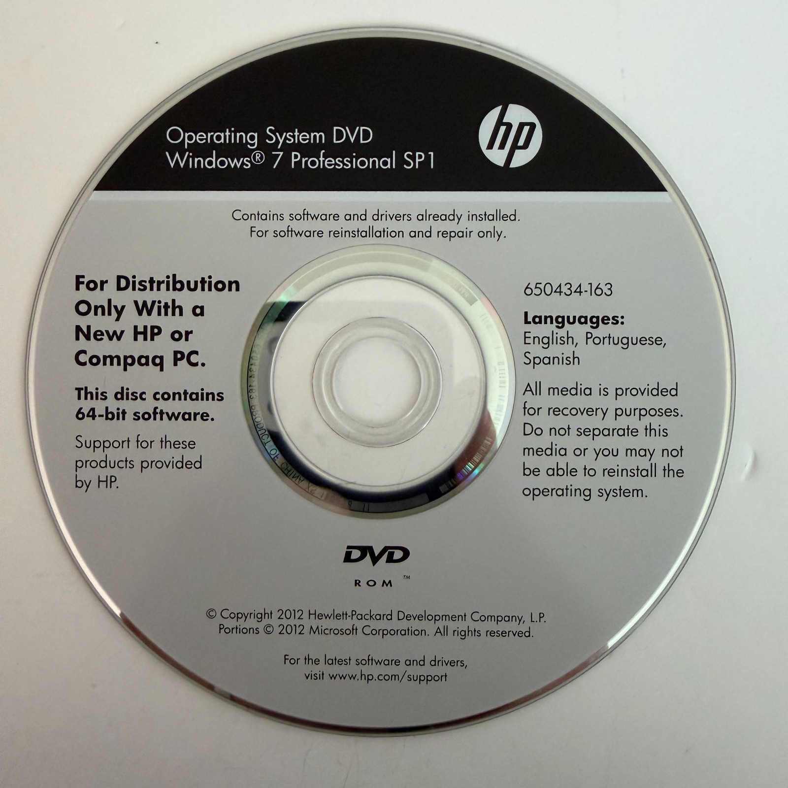 HP Operating System DVD Windows 7 Professional SP1 650434-163 Disc Only