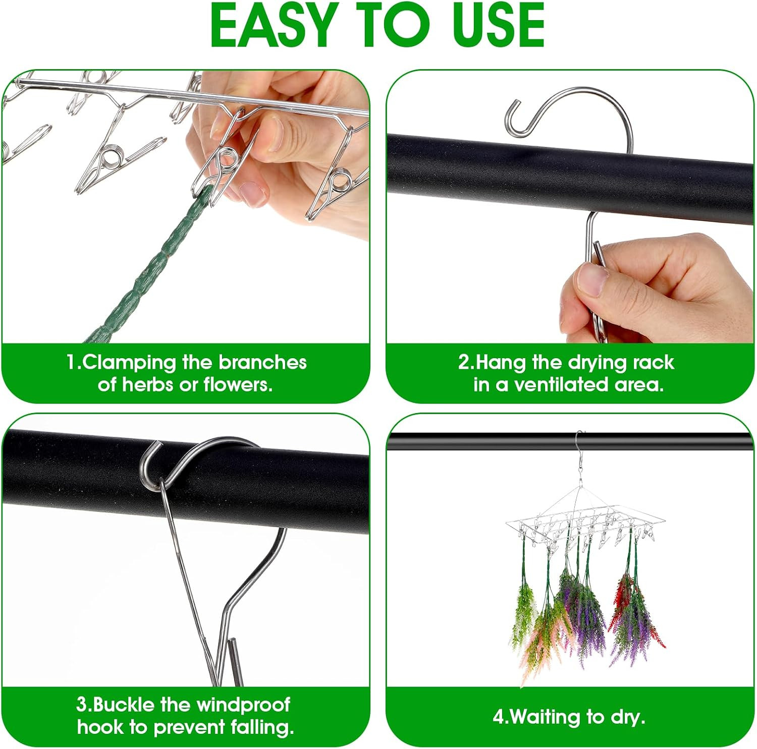 4 Pcs Hanging Drying Rack for Herb Macrame Flower Drying Rack with 30 Stainless